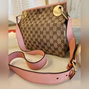 Gucci Monogram Crossbody Bag with Pink Strap
